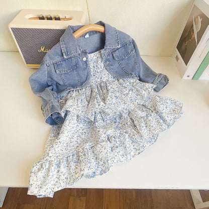 [363626] - Setelan Dress Jaket Jeans Import Anak Perempuan - Motif Little Flower