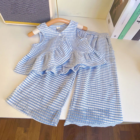 [363631] - Oneset Fashion Korea Anak Cewek Setelan Blouse Kutung Celana Kulot Anak Perempuan - Motif Plain Line