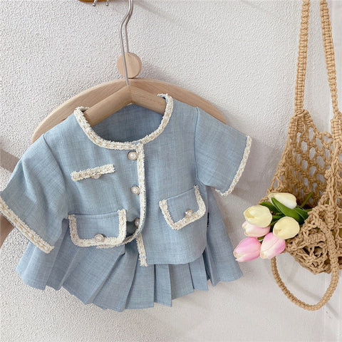 [363632] - Setelan Mewah Ala Korea Oneset Baju Blouse Cardigan Rok Plisket Anak Perempuan Cewek - Motif Neat Plain