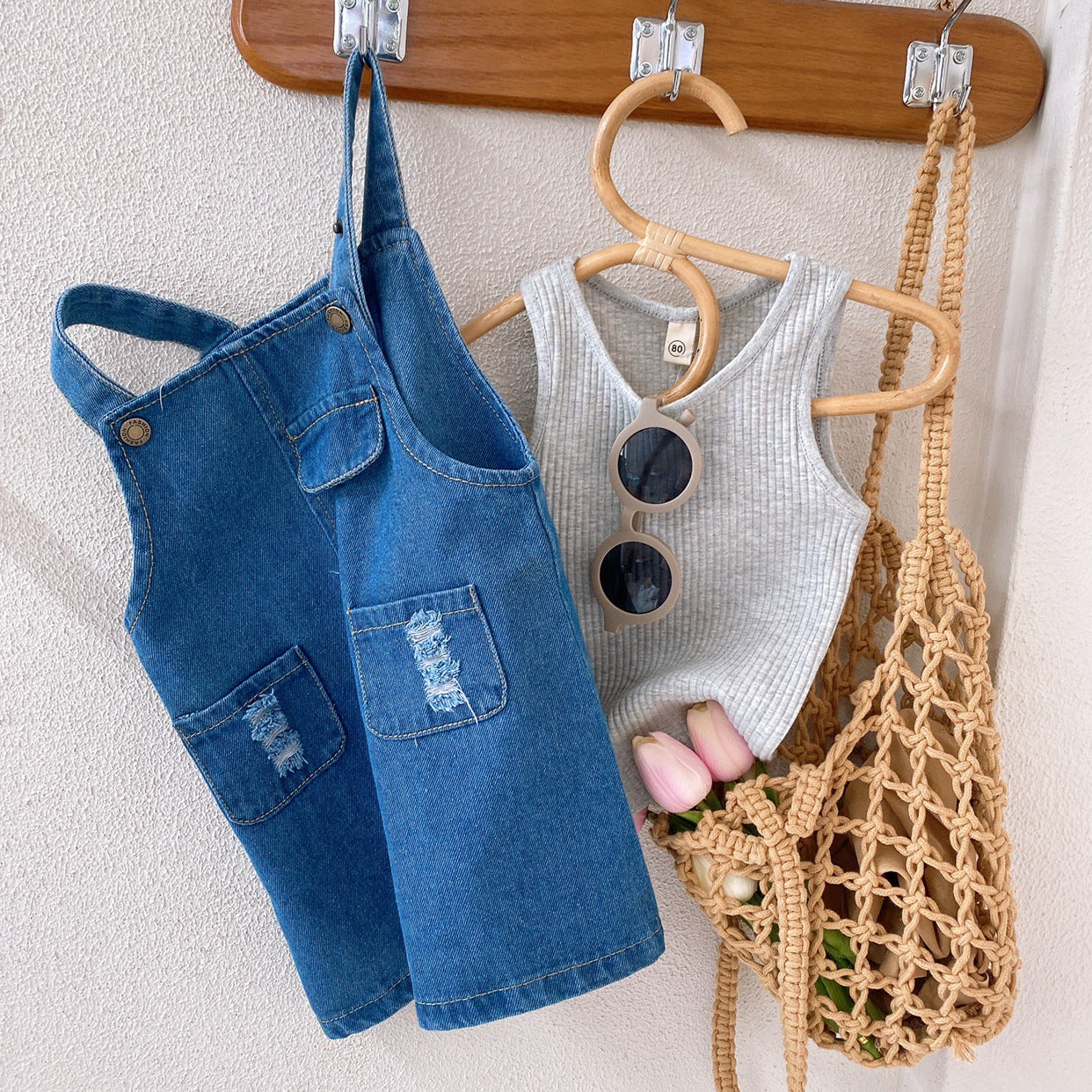 [363633] - Setelan Singlet Overall Jeans Sobek Anak Perempuan - Motif Rough Torn