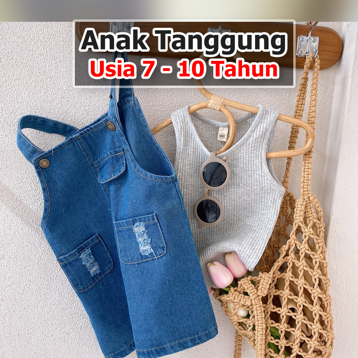 BABYHOKI STORE Usia 7 8 9 10 Tahun Baju Anak Tanggung Cewek [363633] - Setelan Singlet Overall Jeans Sobek Anak Perempuan - Motif Rough Torn