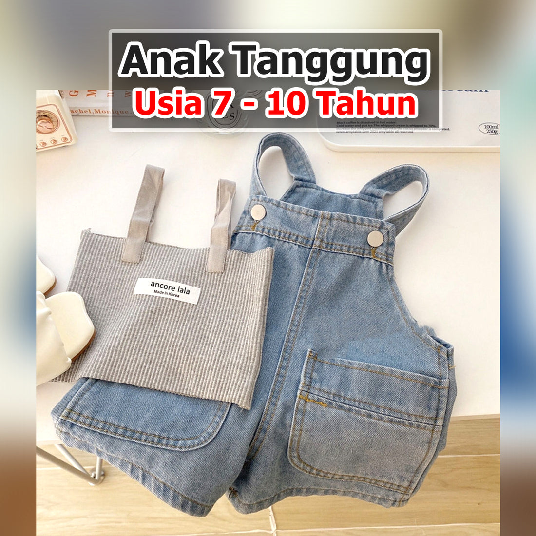 BABYHOKI STORE Usia 7 8 9 10 Tahun Baju Anak Tanggung Cewek [363634] - Setelan Baju Crop Overall Jeans Anak Perempuan - Motif Glace Casual