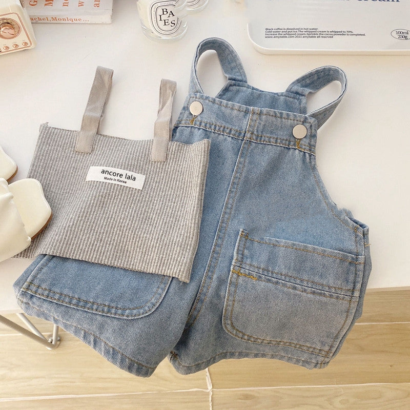[363634] - Setelan Baju Crop Overall Jeans Import Anak Perempuan - Motif Glace Casual