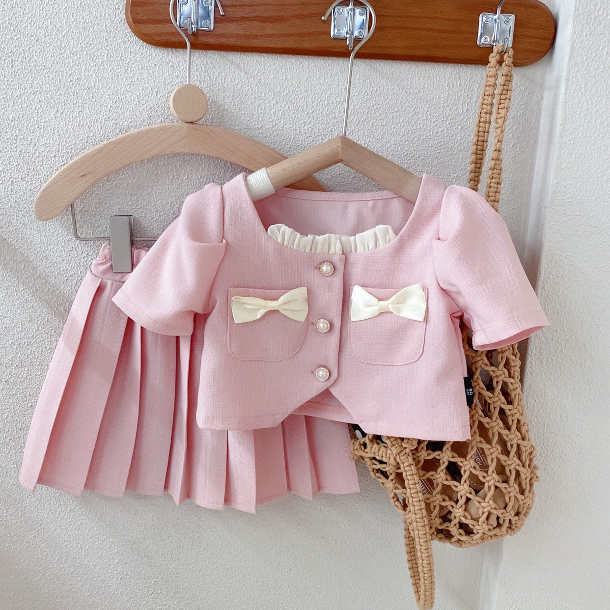 [363636] - Setelan Mewah Ala Korea Pink Oneset Atasan Cardigan Lengan Pendek Bawahan Rok Anak Perempuan - Motif Cute Ribbon