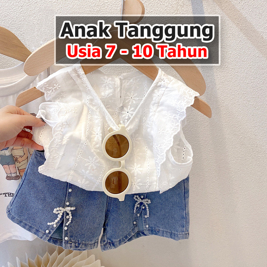 BABYHOKI STORE Usia 7 8 9 10 Tahun Baju Anak Tanggung Cewek [363637] - Setelan Blouse Kutung Celana Pendek Jeans Anak Perempuan - Motif Pearl Ribbon