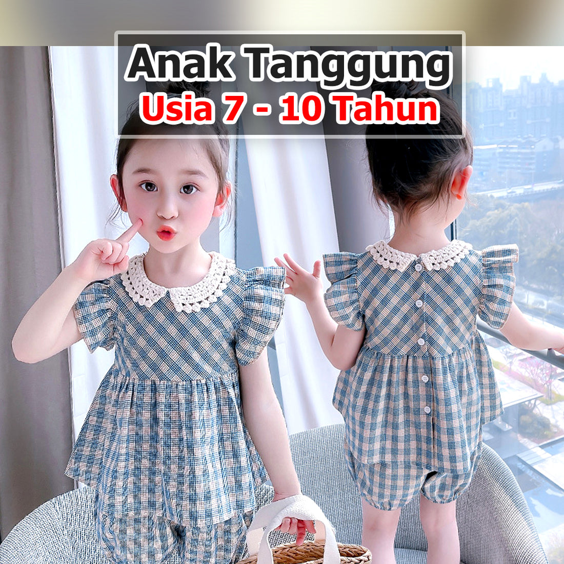 BABYHOKI STORE Usia 7 8 9 10 Tahun Baju Anak Tanggung Cewek [363640] - Baju Setelan Blouse Kutung Celana Pendek Fashion Anak Perempuan - Motif Tilt Square