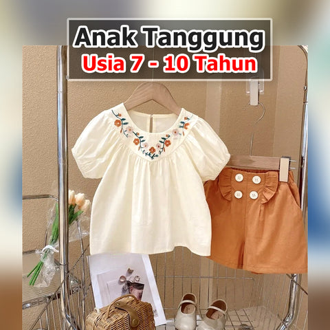 BABYHOKI STORE Usia 7 8 9 10 Tahun Baju Anak Tanggung Cewek [363642] - Setelan Blouse Celana Pendek Chino Anak Perempuan - Motif Collar Flower
