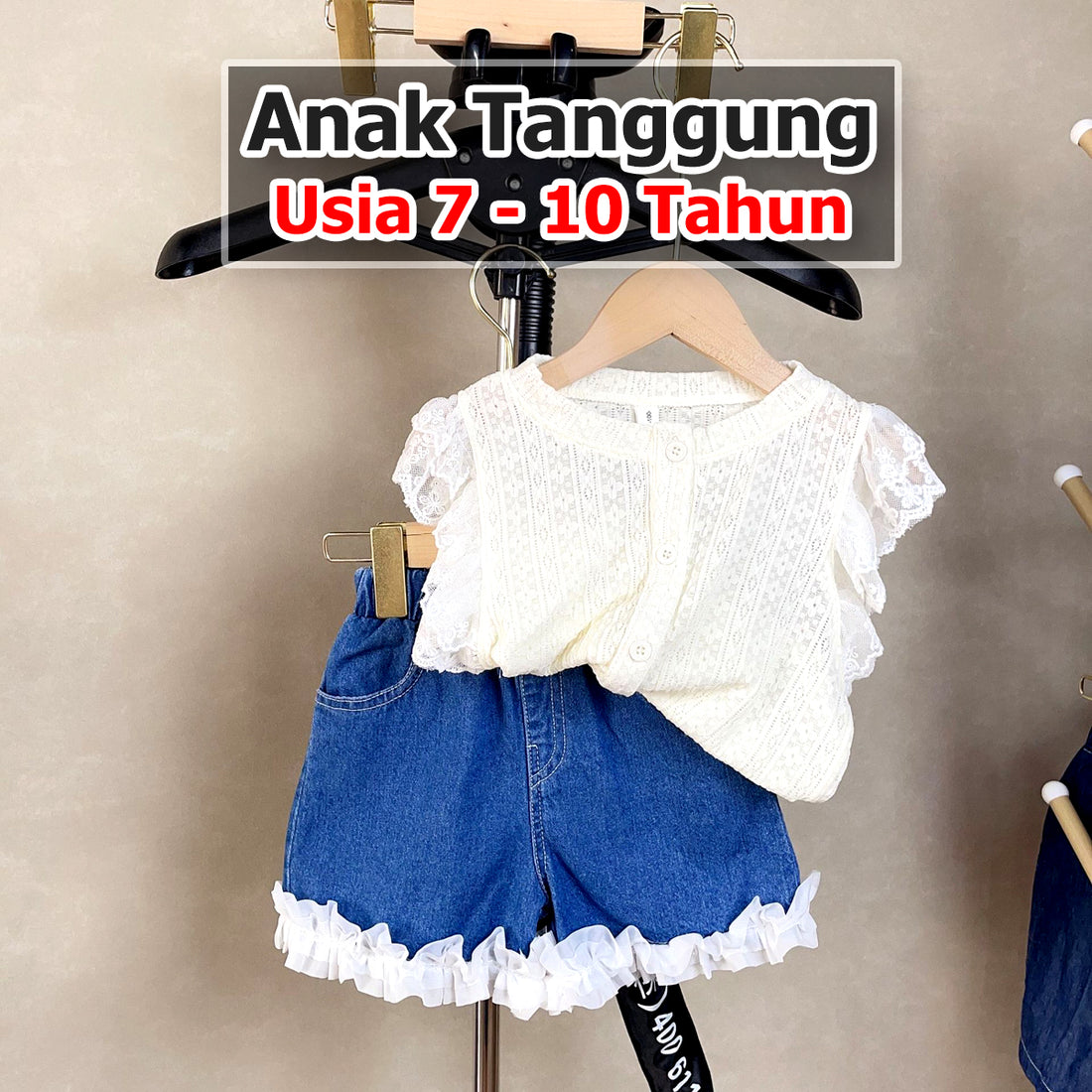 BABYHOKI STORE Usia 7 8 9 10 Tahun Baju Anak Tanggung Cewek [363647] - Baju Setelan Blouse Kutung Celana Pendek Jeans Fashion Anak Perempuan - Motif Thin Lace