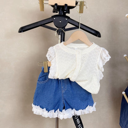 [363647] - Baju Setelan Blouse Kutung Celana Pendek Jeans Fashion Anak Perempuan - Motif Thin Lace