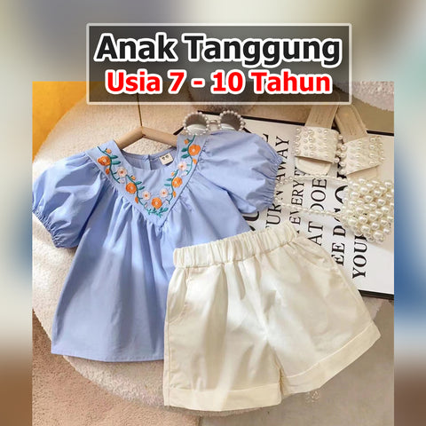 BABYHOKI STORE Usia 7 8 9 10 Tahun Baju Anak Tanggung Cewek [363648] - Setelan Blouse Celana Pendek Chino Anak Perempuan - Motif Collar Flower