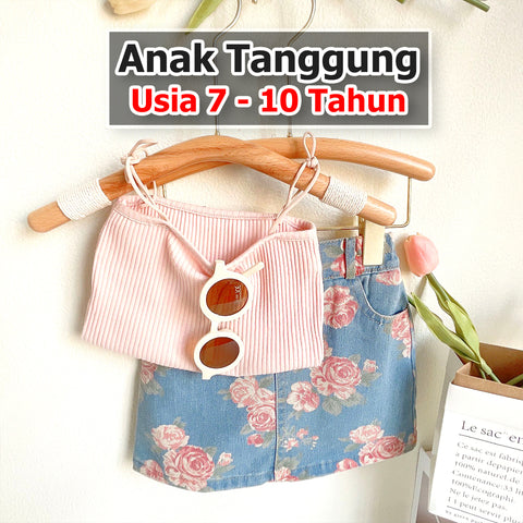 BABYHOKI STORE Usia 7 8 9 10 Tahun Baju Anak Tanggung Cewek [363657] - Setelan Crop Top Bawahan Rok Pendek Anak Perempuan - Motif Bottom Flower