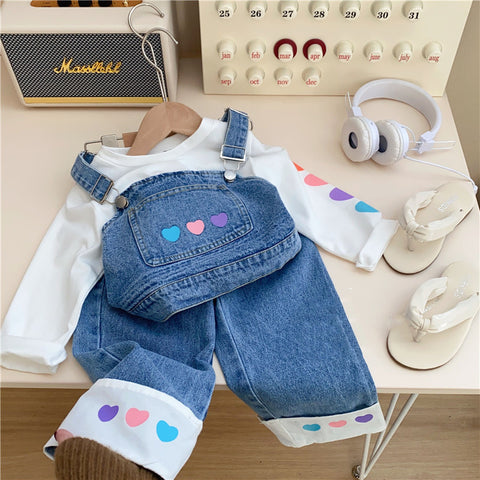 [363660] - Setelan 3in1 Oneset Cewek Baju Kodok Celana Jeans Anak Perempuan Fashion - Motif Colorful Heart