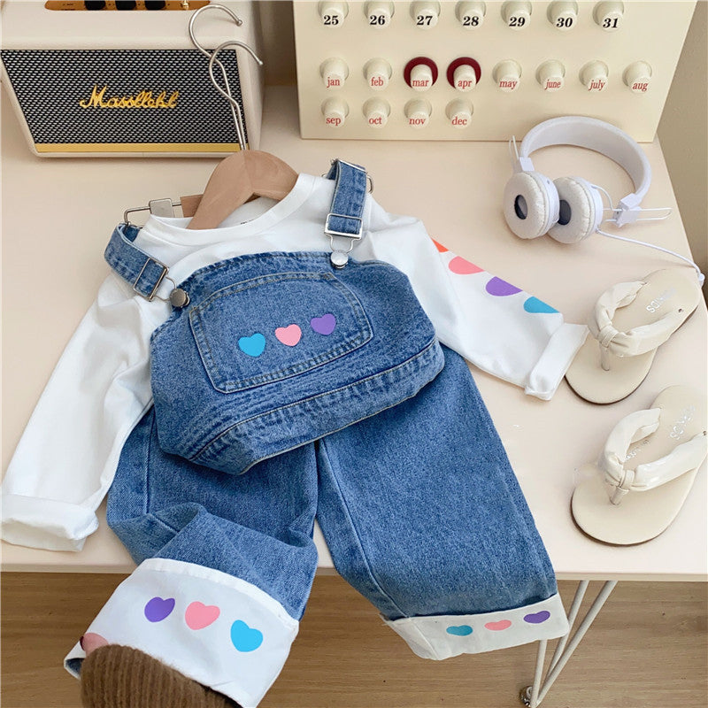 [363660] - Setelan 3in1 Oneset Cewek Baju Kodok Celana Jeans Anak Perempuan Fashion - Motif Colorful Heart