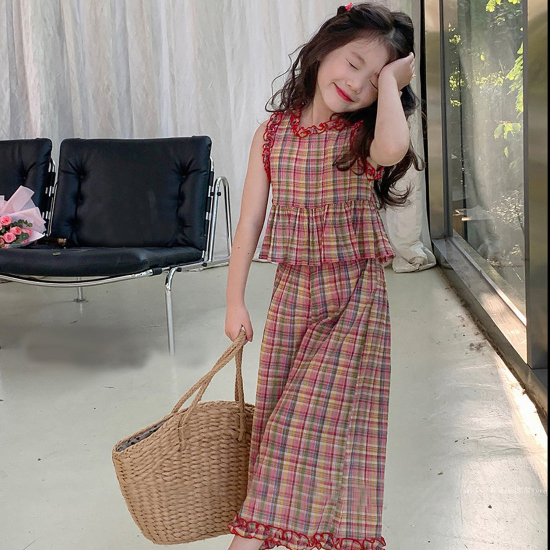 [363661] - Baju Setelan Blouse Kutung Celana Panjang Fashion Anak Perempuan - Motif Classic Plaid