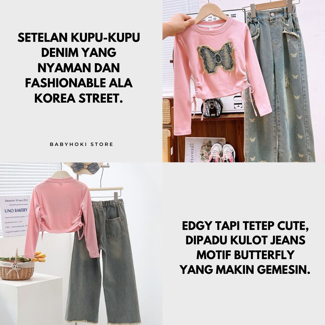 [363870] - One Set Anak Cewek 4-9 Tahun Setelan Baju Atasan Lengan Panjang Bawahan Celana Panjang kulot Denim Fashion Anak Perempuan - Motif Butterfly