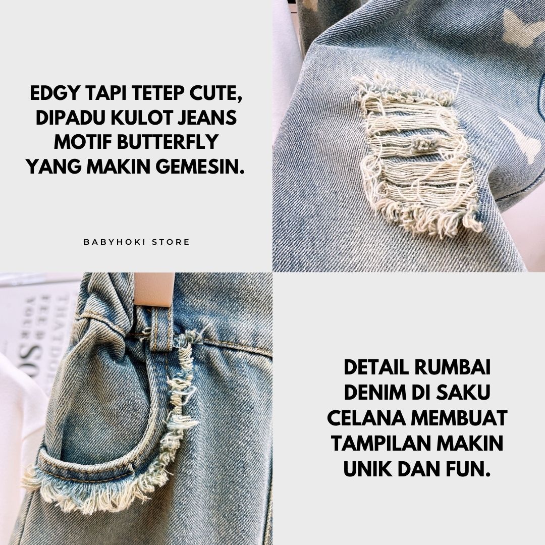 [363870] - One Set Anak Cewek 4-9 Tahun Setelan Baju Atasan Lengan Panjang Bawahan Celana Panjang kulot Denim Fashion Anak Perempuan - Motif Butterfly