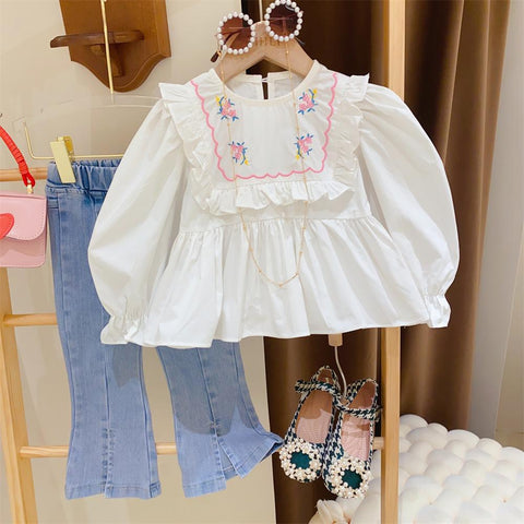 [363664] - Setelan Oneset Cewek Baju Blouse Celana Jeans Cutbray Anak Perempuan Fashion - Motif Lace Flower