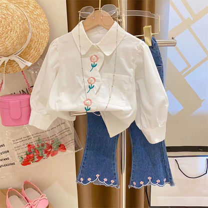 [363665] - Setelan Baju Blouse Celana Jeans Cutbray Fashion Anak Perempuan - Motif Pearl Flower