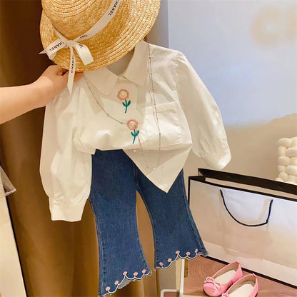 [363665] - Setelan Baju Blouse Celana Jeans Cutbray Fashion Anak Perempuan - Motif Pearl Flower