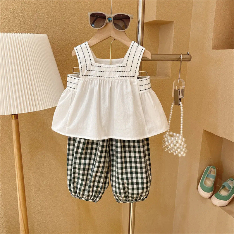 [363668] - Baju Setelan Blouse Crop Celana Jogger Fashion Anak Perempuan - Motif Square Line