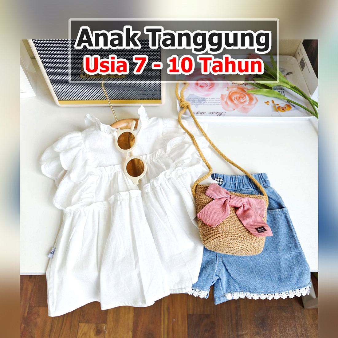 BABYHOKI STORE Usia 7 8 9 10 Tahun Baju Anak Tanggung Cewek [363670] - Setelan Baju Blouse Celana Pendek Jeans Anak Perempuan Fashion - Motif Cute Plain