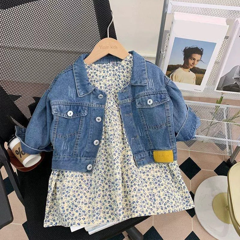 363671 Baju Setelan Jaket Jeans Inner Dress Fashion Anak Perempuan Motif Little Flower