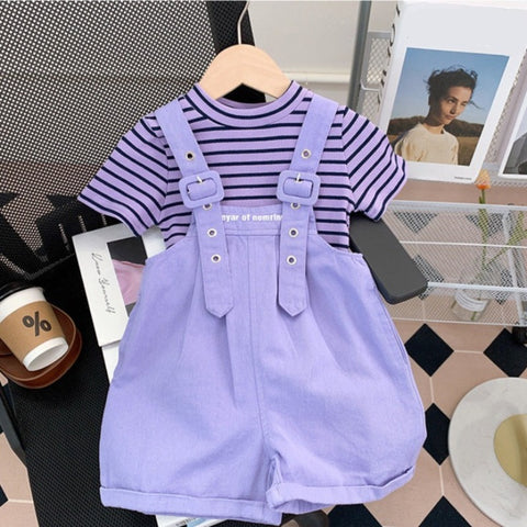 [363677] - Oneset 2IN1 Anak Cewek Baju Setelan Kaos Overall Chino Fashion Anak Perempuan - Motif Plain Striped