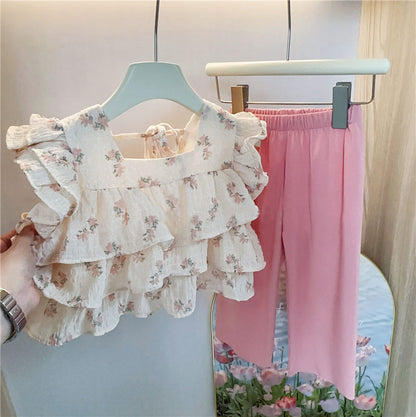 [363679] - Baju Setelan Blouse Kutung Celana Panjang Fashion Anak Perempuan - Motif Bud Flower