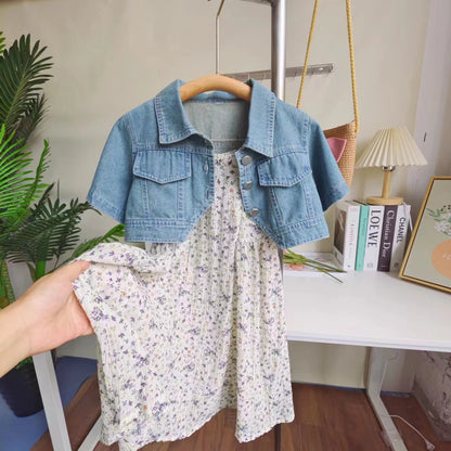[363680] - Baju Setelan Jaket Jeans Crop Inner Dress Fashion Anak Perempuan - Motif Edge Flower