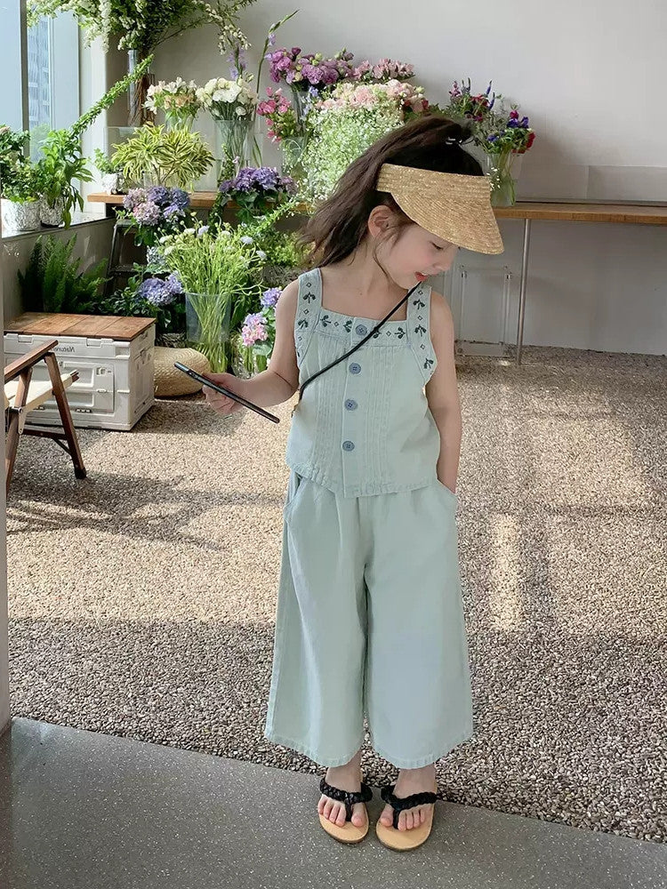 [363682] - Baju Setelan Atasan Kancing Celana Panjang Jeans Fashion Anak Perempuan - Motif Gradient Denim