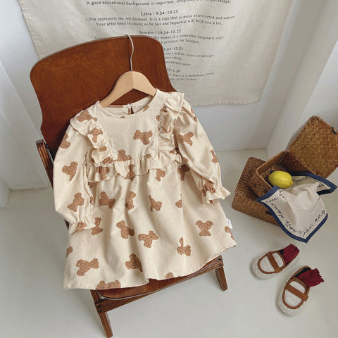 [363686] - Baju Dress Renda Lengan Panjang Fashion Anak Perempuan - Motif Bear Lace