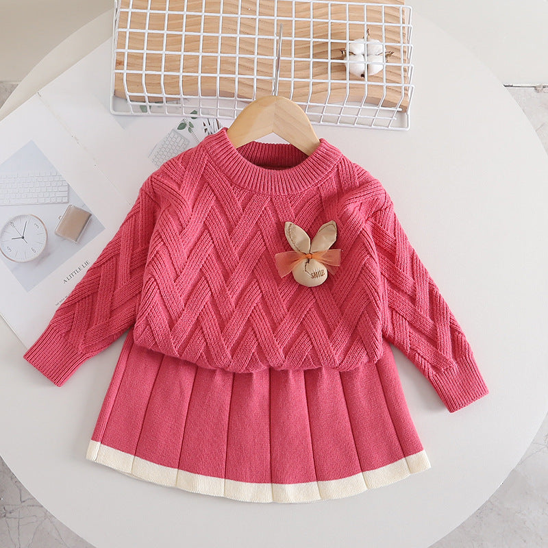 [363690] - Setelan Baju Sweater Rajut Bawahan Rok Fashion Anak Cewek - Motif Pocket Rabbit