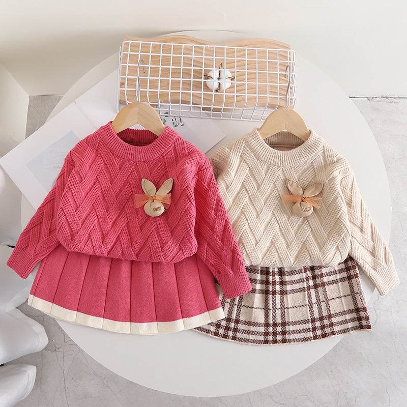 [363690] - Setelan Baju Sweater Rajut Bawahan Rok Fashion Import Anak Cewek - Motif Pocket Rabbit