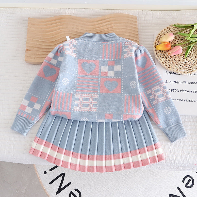 [363692] - Baju Setelan Sweater Rajut Bawahan Rok Fashion Anak Perempuan - Motif Love Object