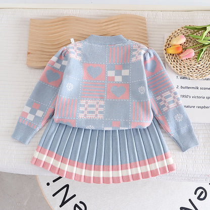 [363692] - Baju Setelan Sweater Rajut Bawahan Rok Fashion Anak Perempuan - Motif Love Object