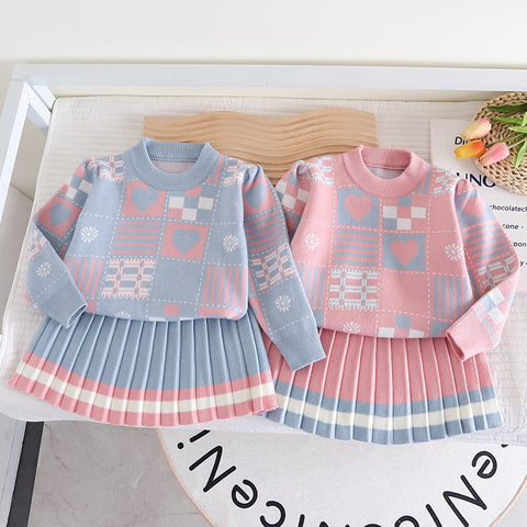 [363692] - Baju Setelan Sweater Rajut Bawahan Rok Fashion Anak Perempuan - Motif Love Object