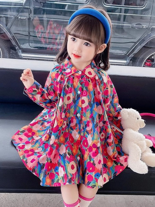 [363694] - Baju Dress Lengan Panjang Fashion Import Anak Perempuan - Motif Colorful Flower