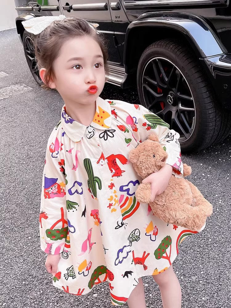 [363695] - Baju Tunik Dress Lengan Panjang Fashion Anak Perempuan Cewek - Motif Random Nature Korea