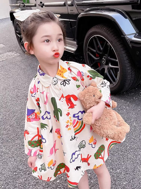 [363695] - Baju Tunik Dress Lengan Panjang Fashion Anak Perempuan Cewek - Motif Random Nature Korea