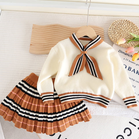 [363700] - Baju Setelan Atasan Sweater Bawahan Rok Fashion Anak Perempuan - Motif Neat Stripe