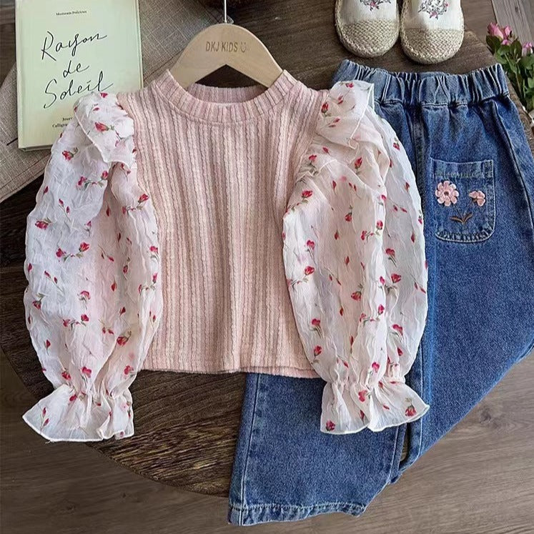 [363704] - Setelan Baju Lengan Balon Celana Jeans Fashion Import Anak Perempuan - Motif Wavy Flowers