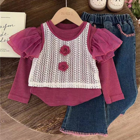 [363705] - Oneset 3in1 Anak Cewek Korea Setelan Baju Lengan Balon Rompi Rajut Celana Jeans Fashion Anak Cewek - Motif Knit Bloom
