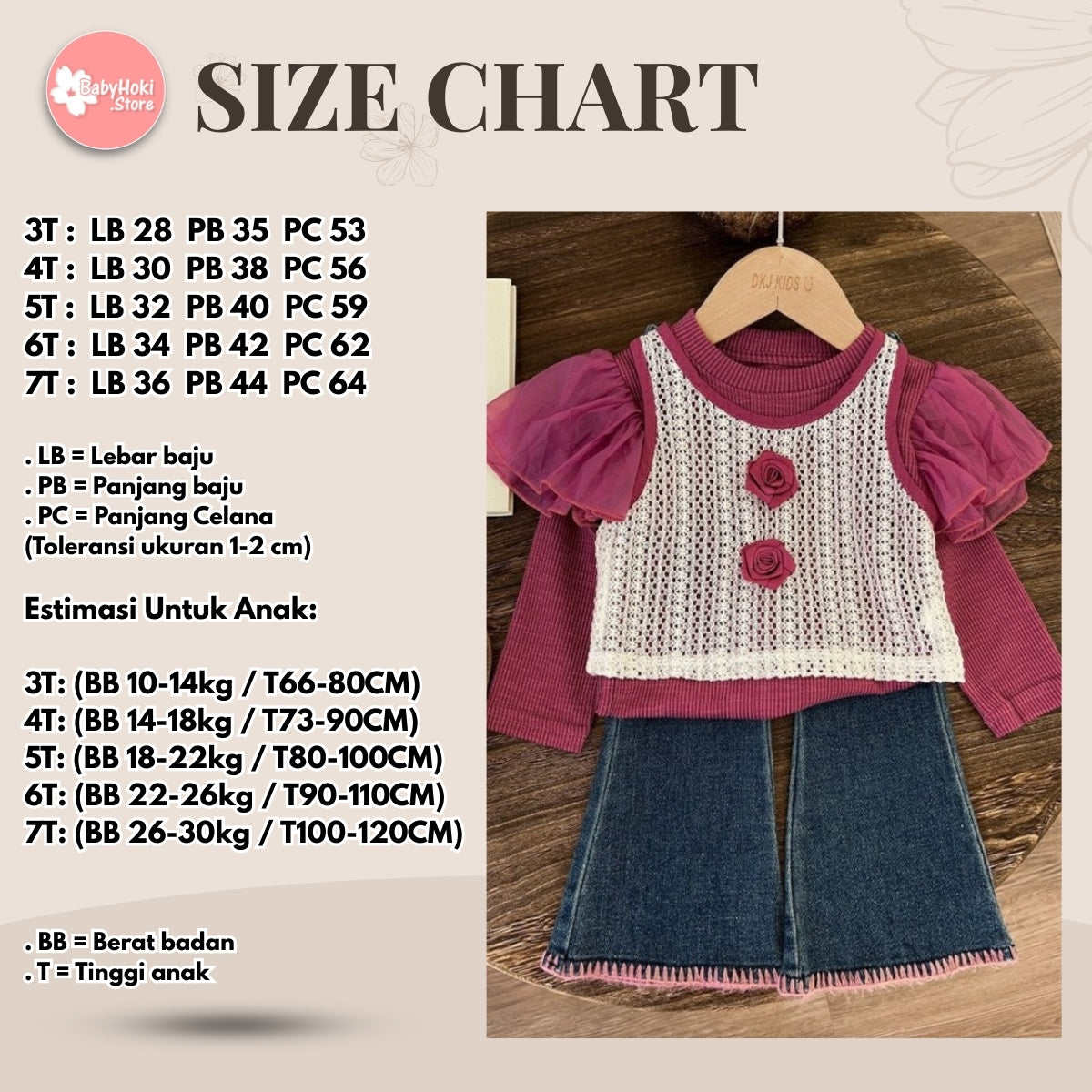 [363705] - Oneset 3in1 Anak Cewek Korea Setelan Baju Lengan Balon Rompi Rajut Celana Jeans Fashion Anak Cewek - Motif Knit Bloom