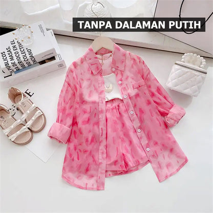 [363709] - Baju Setelan Kemeja Panjang Celana Pendek Fashion Import Anak Cewek- Motif Faint Scene