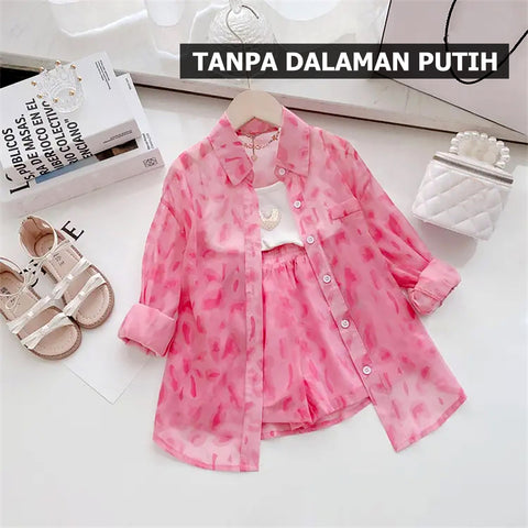 [363709] - One Set Korea Anak Cewek Baju Setelan Kemeja Panjang Celana Pendek Fashion Anak Cewek - Motif Faint Scene