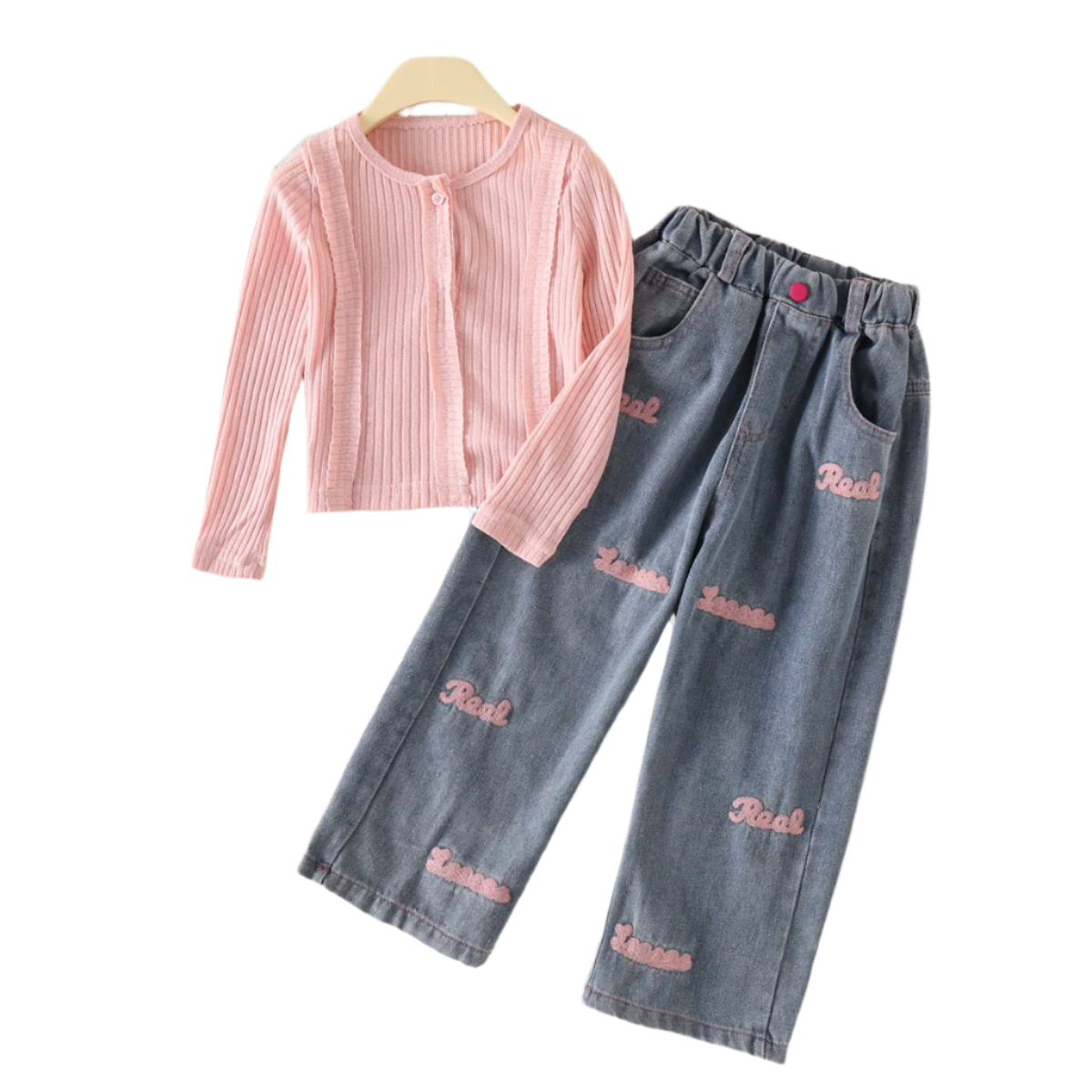 [363713] - Baju Setelan Atasan Rajut Celana Jeans Panjang Fashion Anak Cewek - Motif Letter Knit