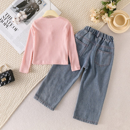 [363713] - Baju Setelan Atasan Rajut Celana Jeans Panjang Fashion Anak Cewek - Motif Letter Knit