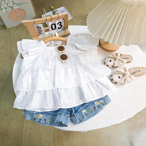 [363719] - Oneset Fashion Korea Anak Cewek Baju Setelan Blouse Celana Pendek Jeans Anak Perempuan - Motif Edge Flower