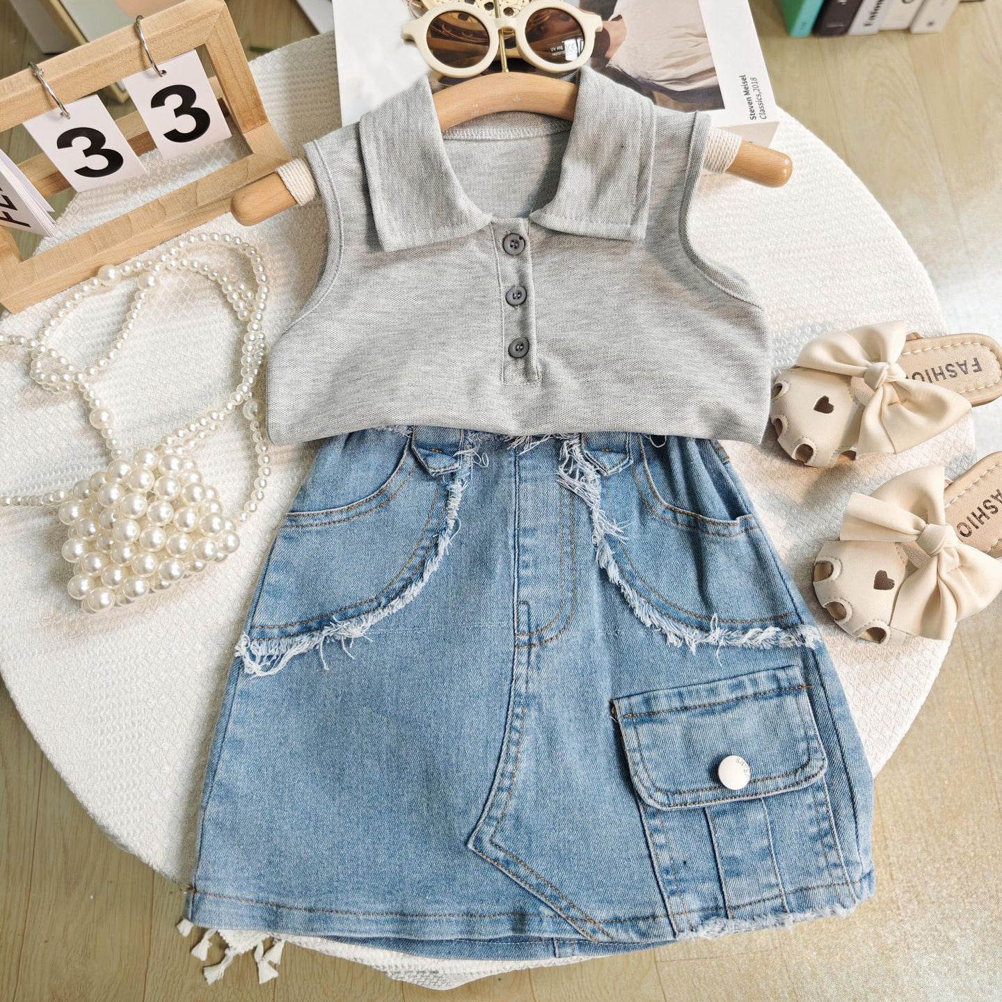 [363723] - Baju Setelan Tank Top Kerah Kancing Bawahan Rok Jeans Fashion Anak Perempuan - Motif Casual Pocket