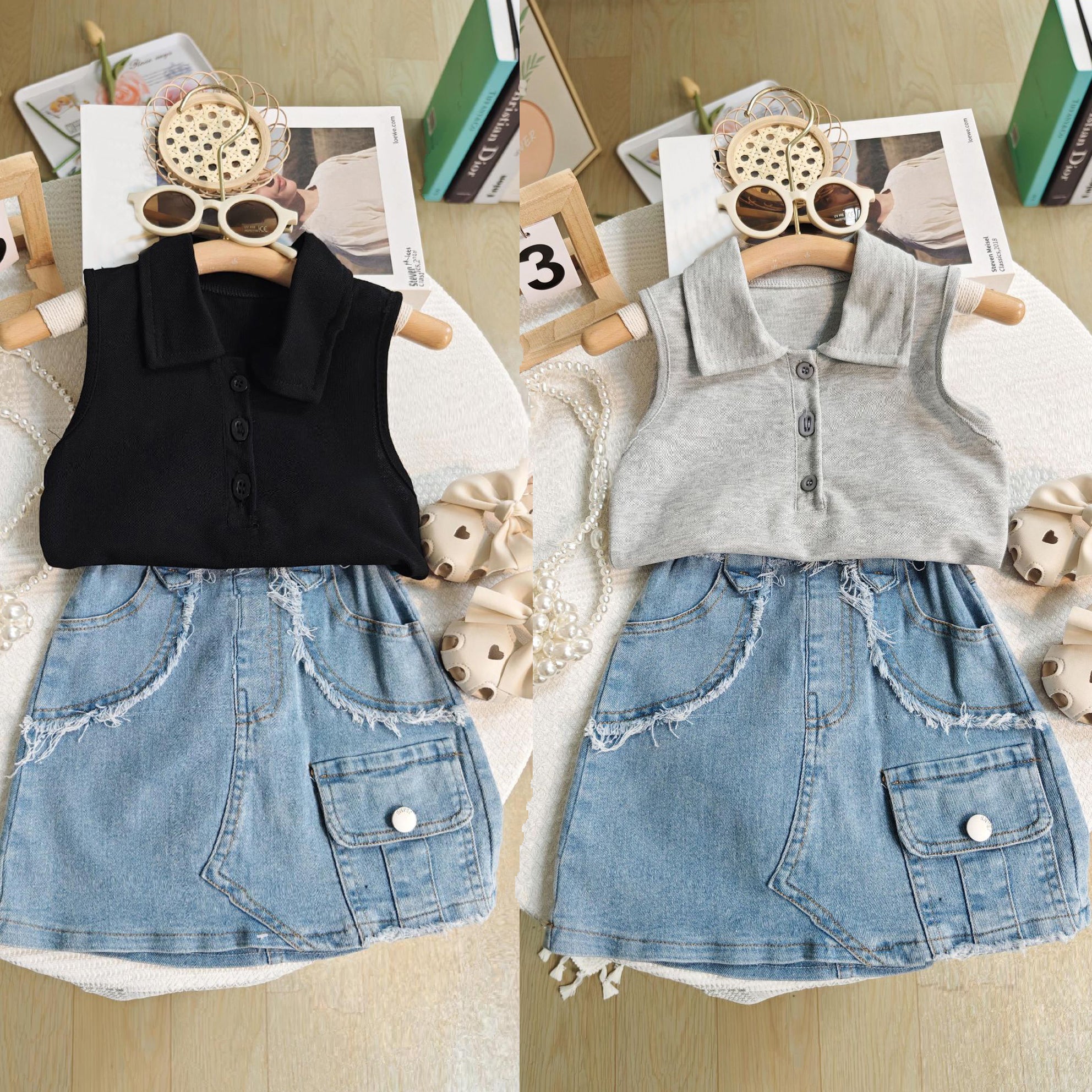 [363723] - Baju Setelan Tank Top Kerah Kancing Bawahan Rok Jeans Fashion Anak Perempuan - Motif Casual Pocket